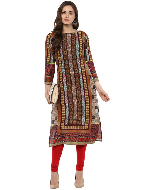 Cotton Printed Kurta Top In Brown