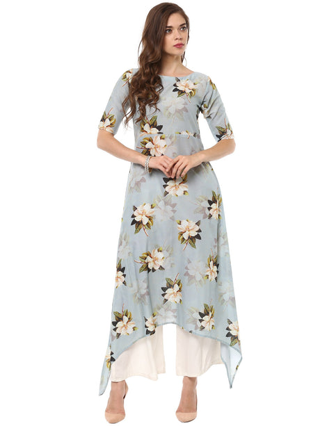 Shop Cotton Printed For Woman's  Kurta in Ash Blue At KarmaPlace