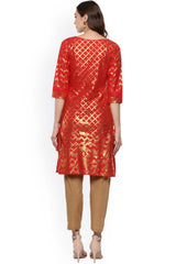 Red Cotton Gold-Toned Smoke Printed Straight Kurta