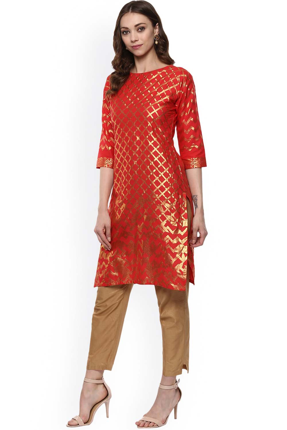 Red Cotton Gold-Toned Smoke Printed Straight Kurta