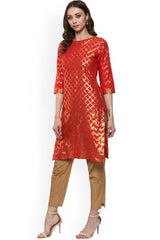 Red Cotton Gold-Toned Smoke Printed Straight Kurta