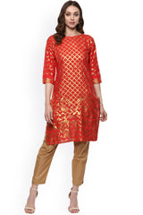 Red Cotton Gold-Toned Smoke Printed Straight Kurta