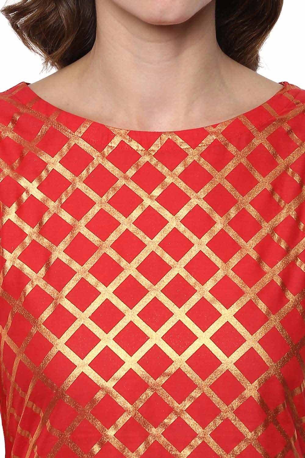 Red Cotton Gold-Toned Smoke Printed Straight Kurta