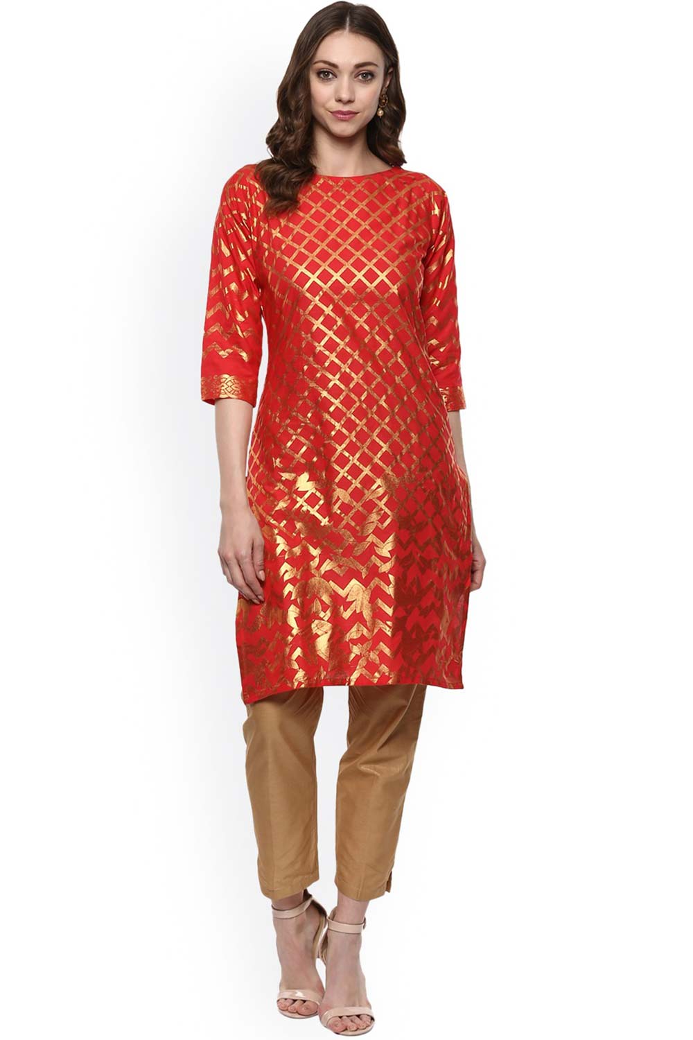 Red Cotton Gold-Toned Smoke Printed Straight Kurta