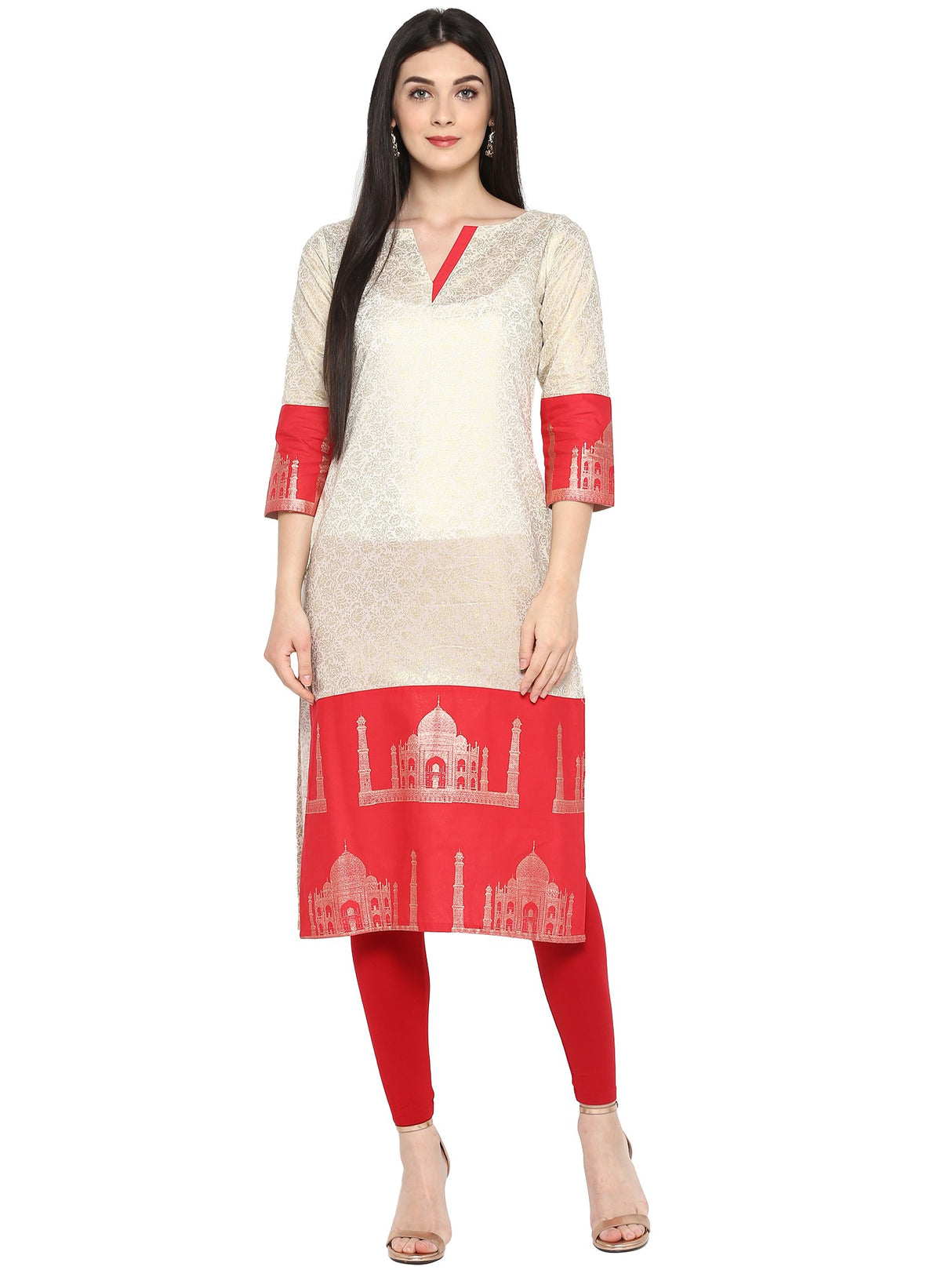 Cotton Printed Kurta Top In Beige