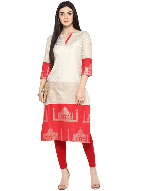 Cotton Printed Kurta Top In Beige