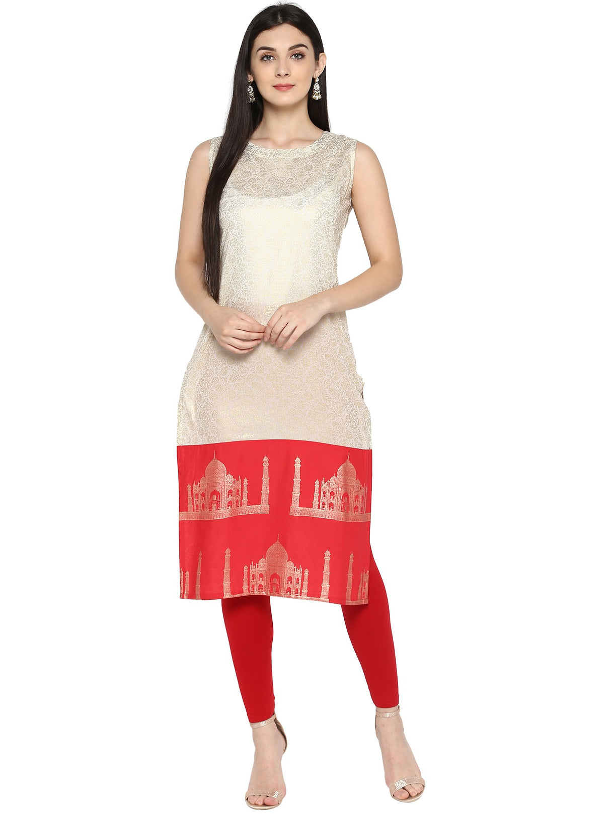 Cotton Printed Kurta Top In Beige