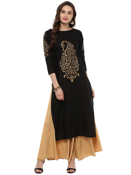 Shop Cotton Printed Kurta in Black At KarmaPlace