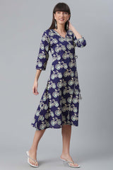 Cotton Navy Blue Printed Kurta