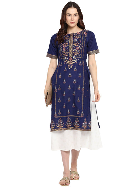 Shop Woman's Cotton Printed Kurta in Blue At KarmaPlace