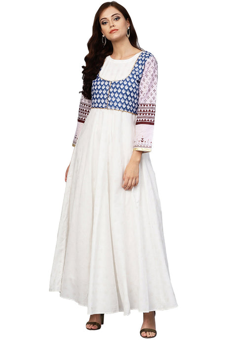 Cotton Printed Kurta Top in White and Blue
