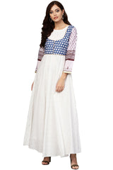 Ahalyaa Cotton Printed Kurta in White and Blue