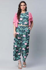 Dark Green Crepe Printed Jumpsuit