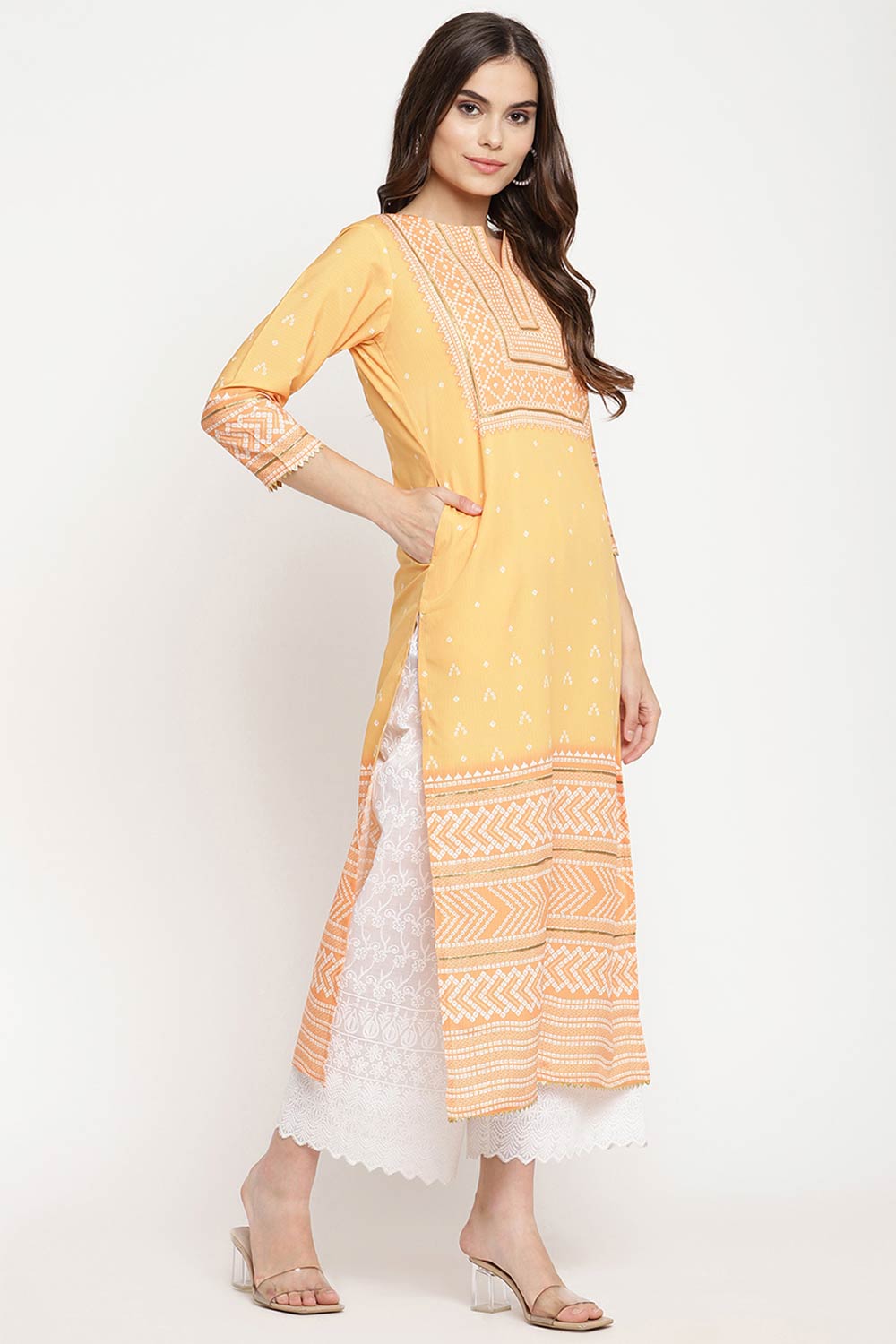 Women Yellow Crepe Digital Print Kurti