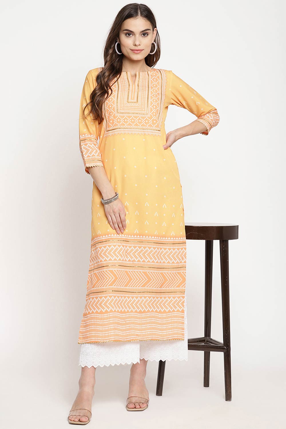 Women Yellow Crepe Digital Print Kurti