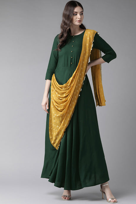 Rayon Printed Kurta Set in Dark Green