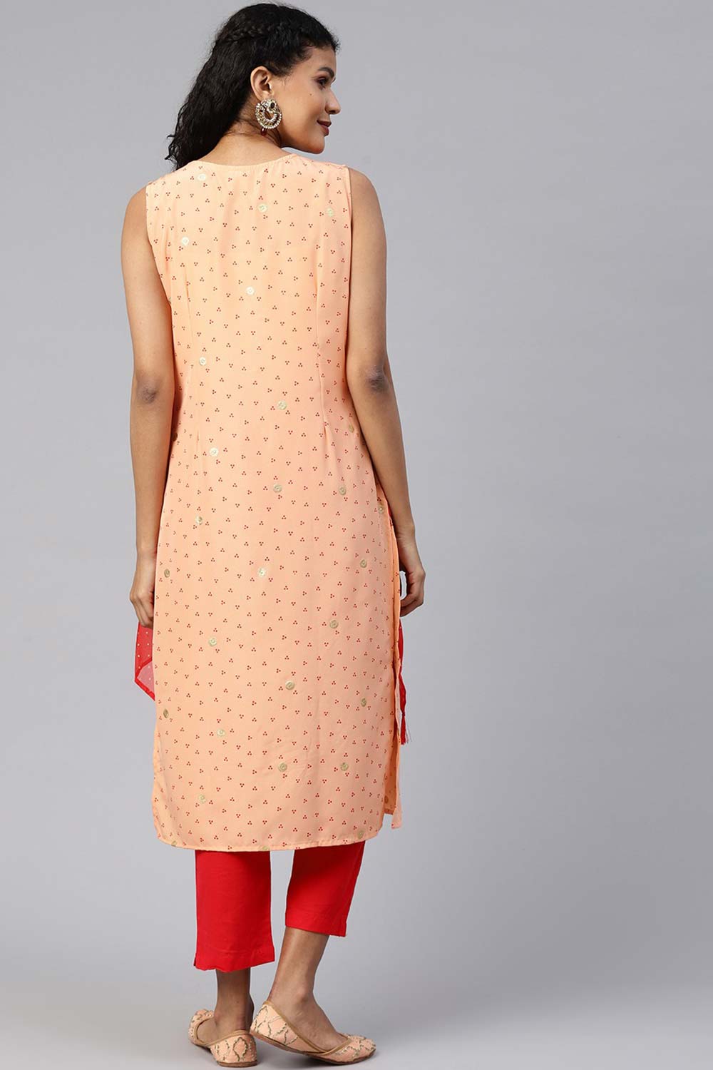 Peach Crepe Foil Print Kurti With Attached Shrug