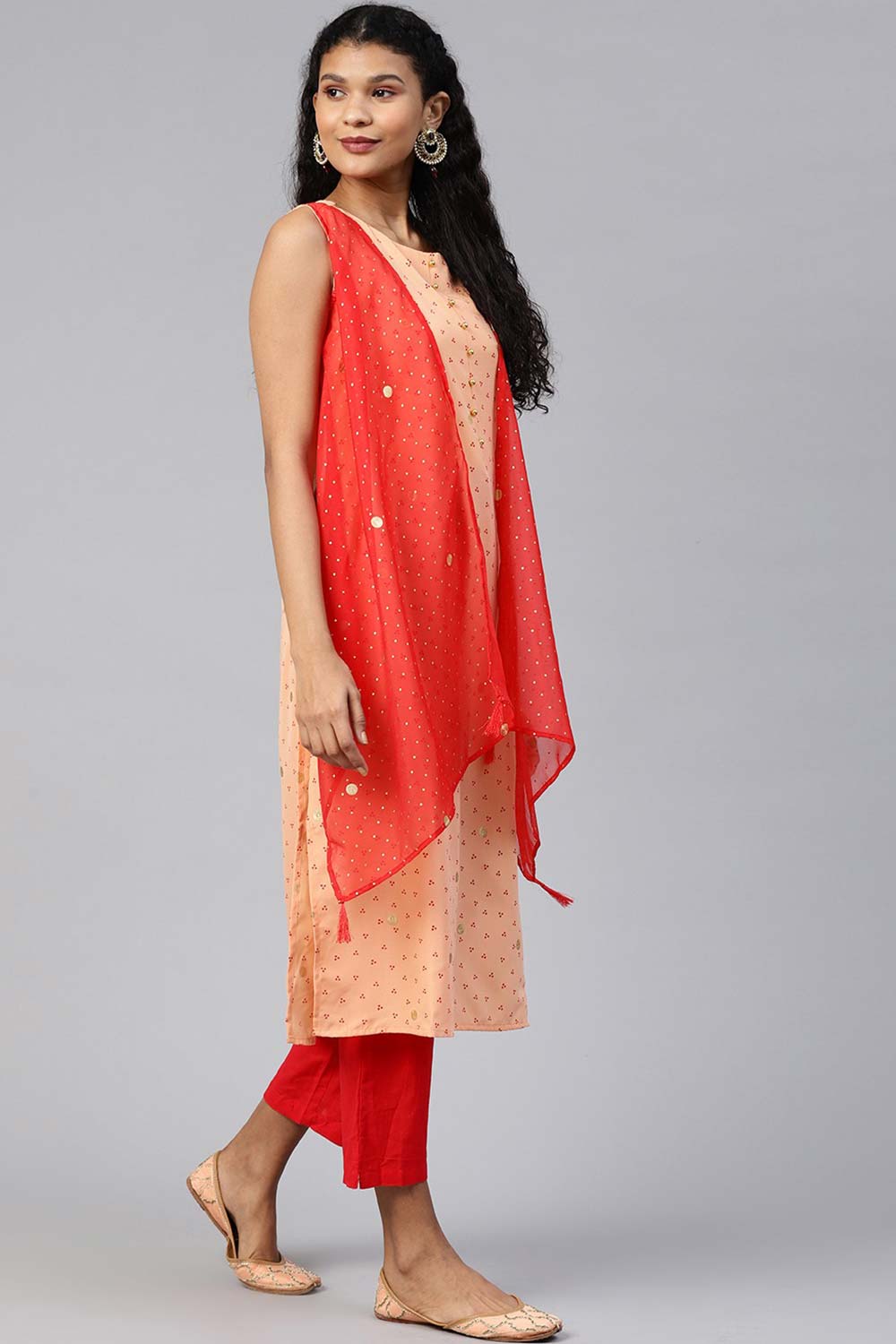 Peach Crepe Foil Print Kurta With Attached Shrug