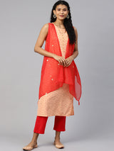 Peach Crepe Foil Print Kurta With Attached Shrug