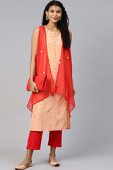 Peach Crepe Foil Print Kurta With Attached Shrug