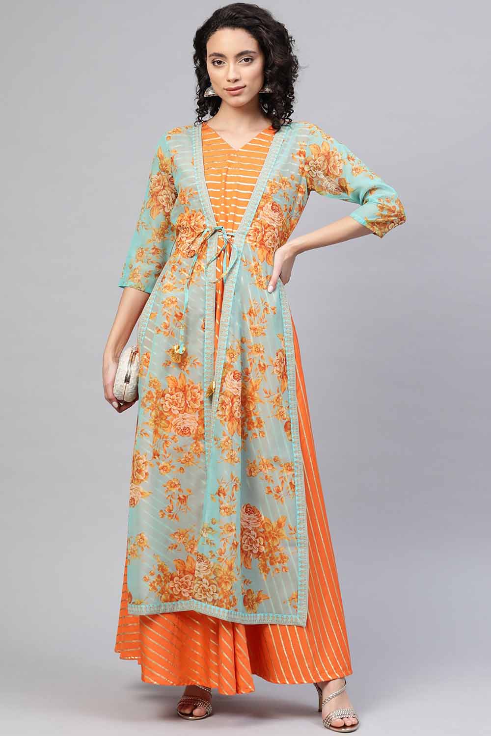 Buy Women's Organza Jacket Kurta In Orange And Light Blue