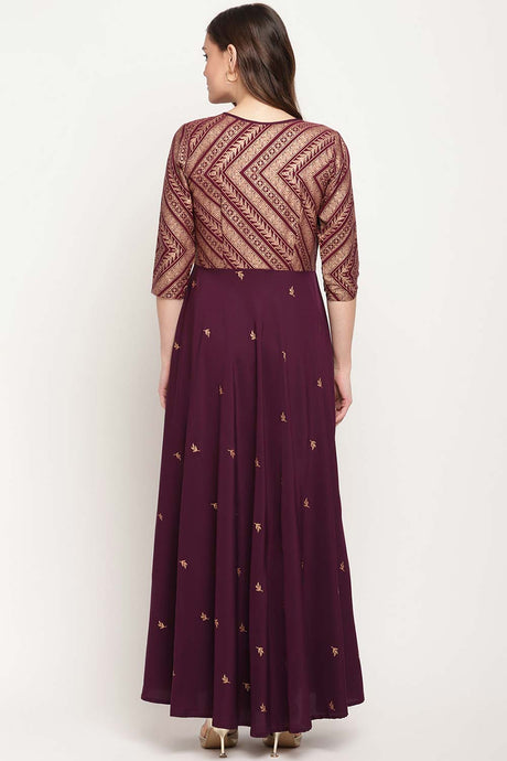 Buy Crepe Foil Printed Kurta in Wine Online - Back