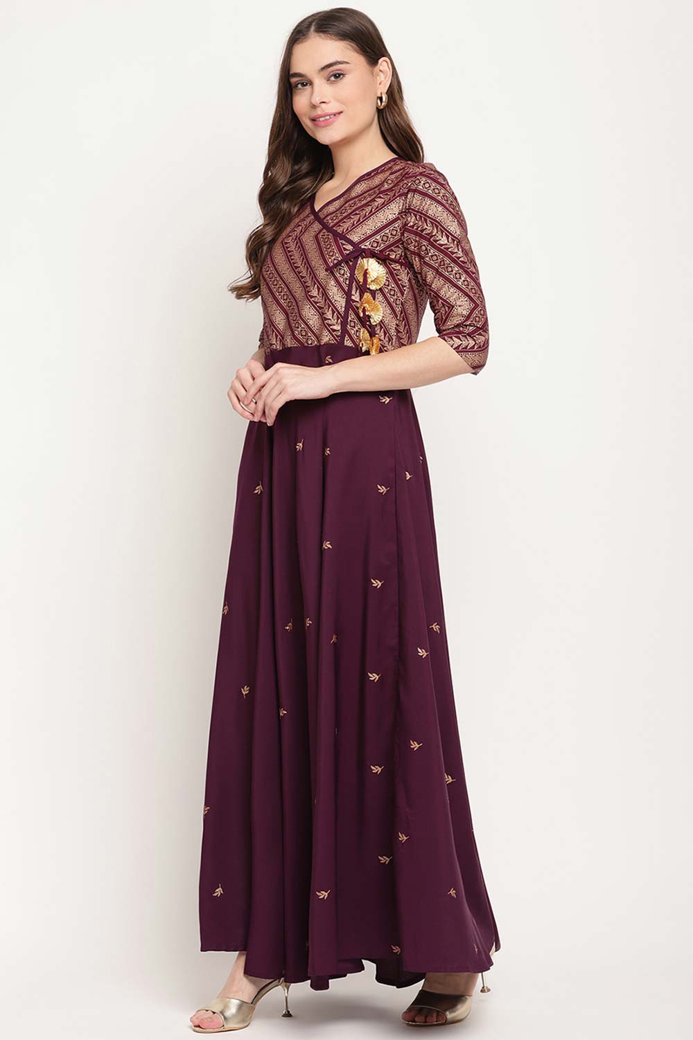 Buy Crepe Foil Printed Kurta in Wine Online - Front