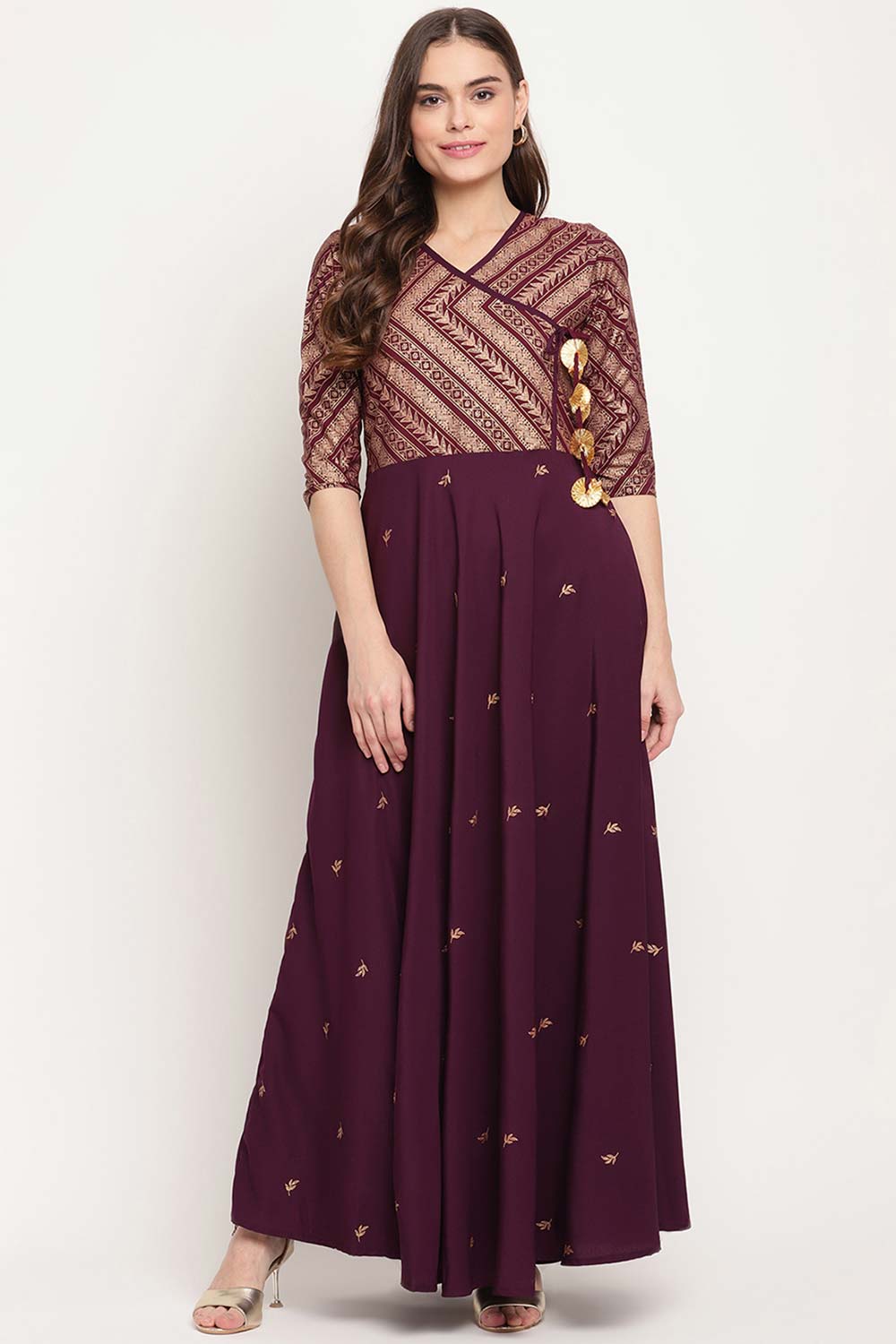 Buy Crepe Foil Printed Kurta in Wine Online