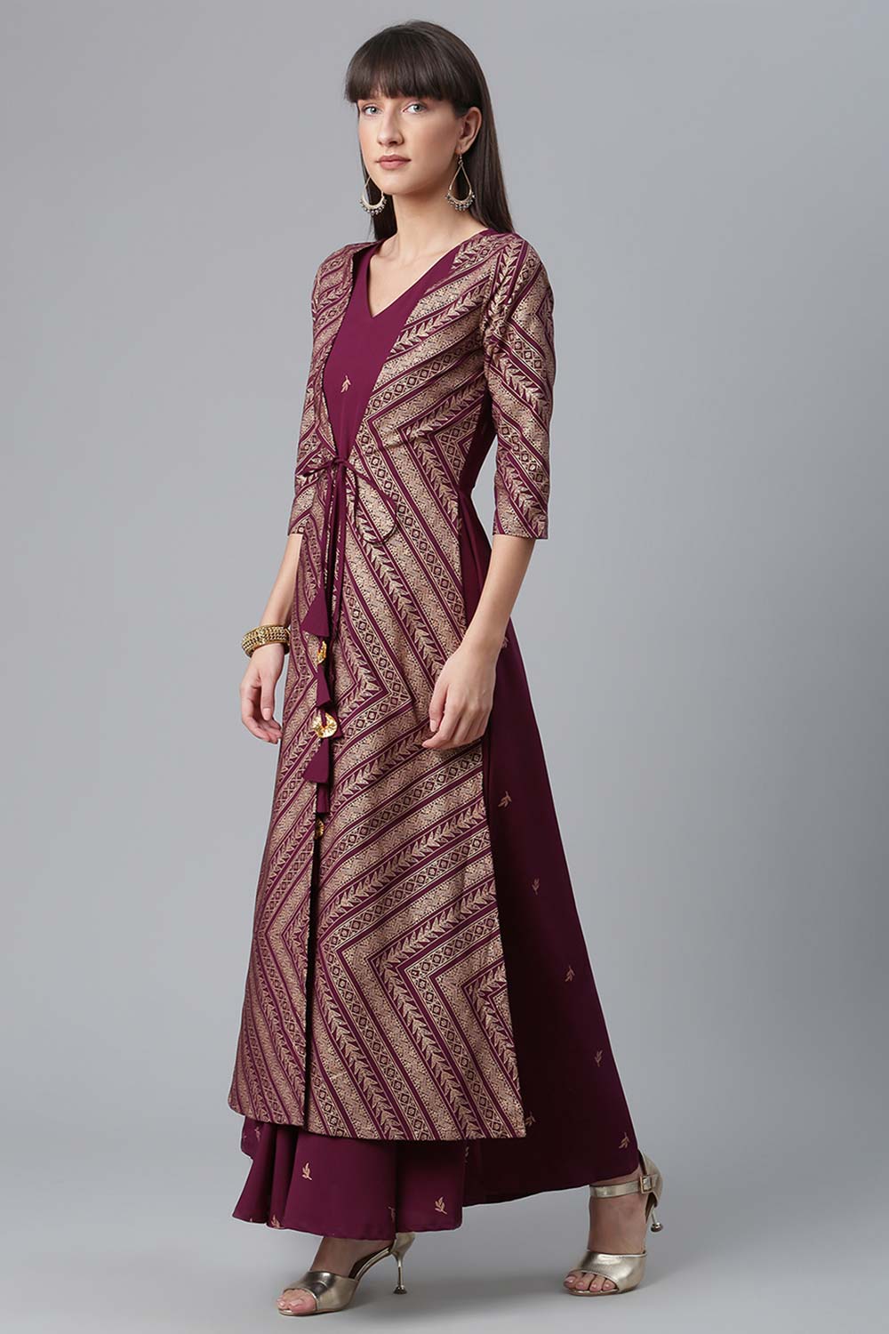 Crepe Wine Glitter Print Kurti With Jacket