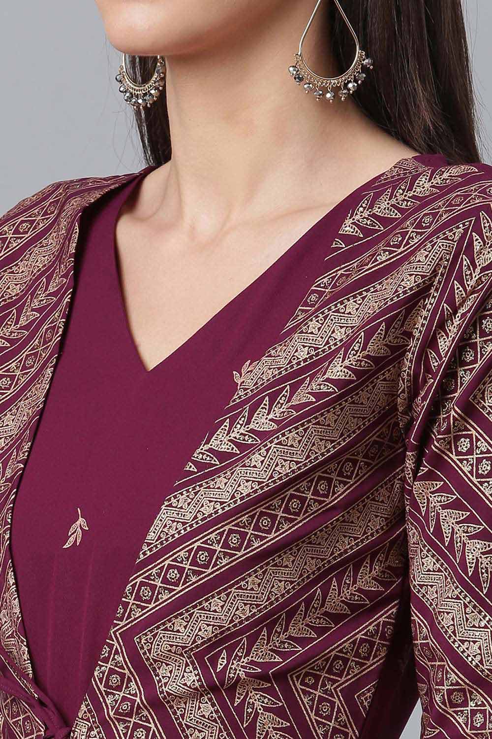 Crepe Wine Glitter Print Kurta With Jacket