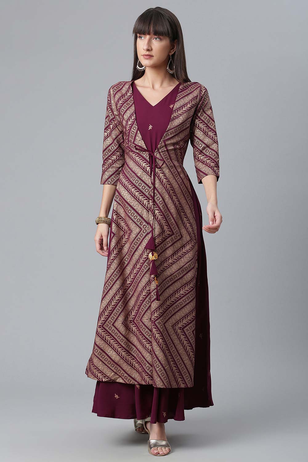 Crepe Wine Glitter Print Kurta With Jacket