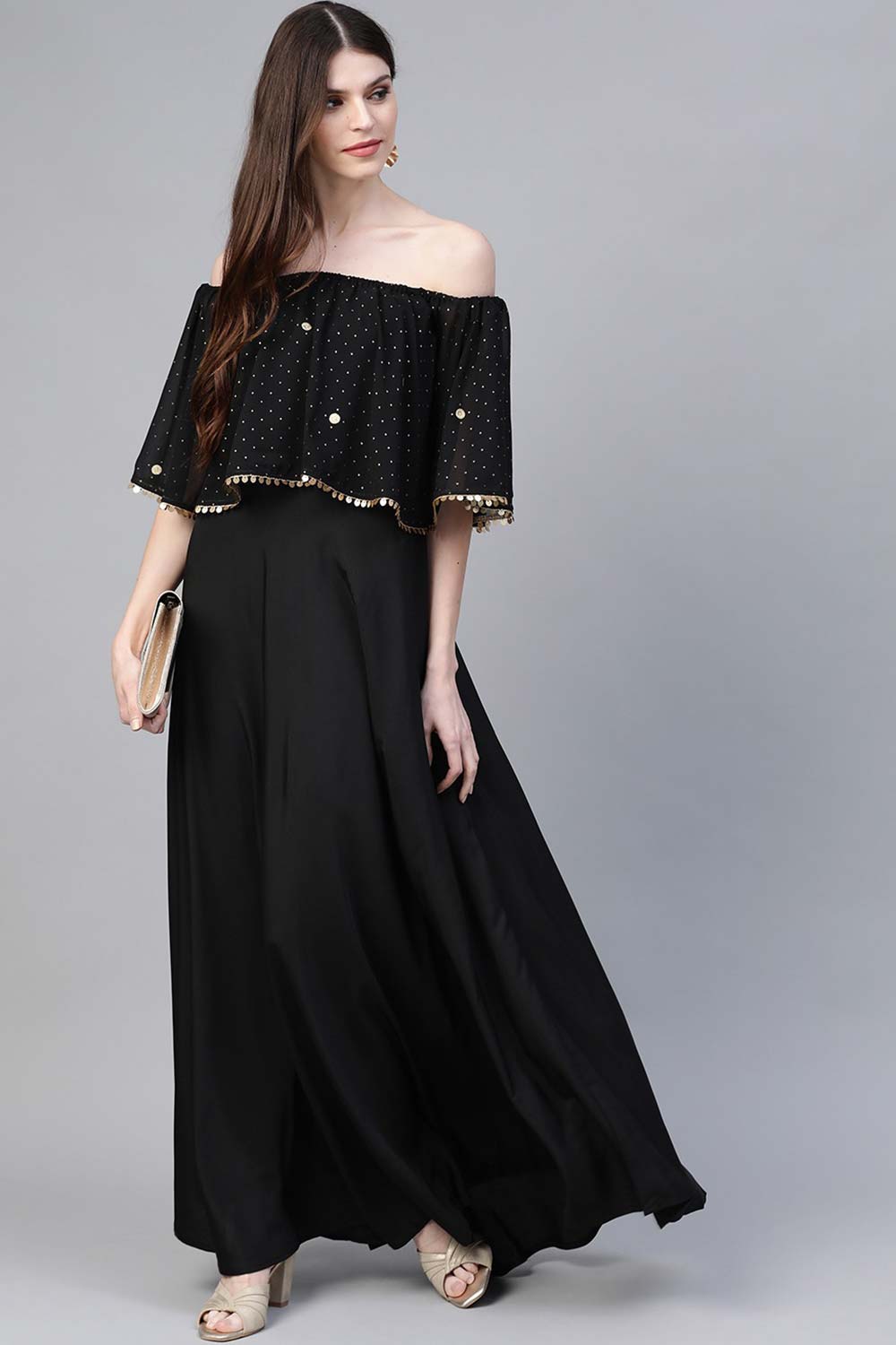 Black Crepe Off Shoulder Gown