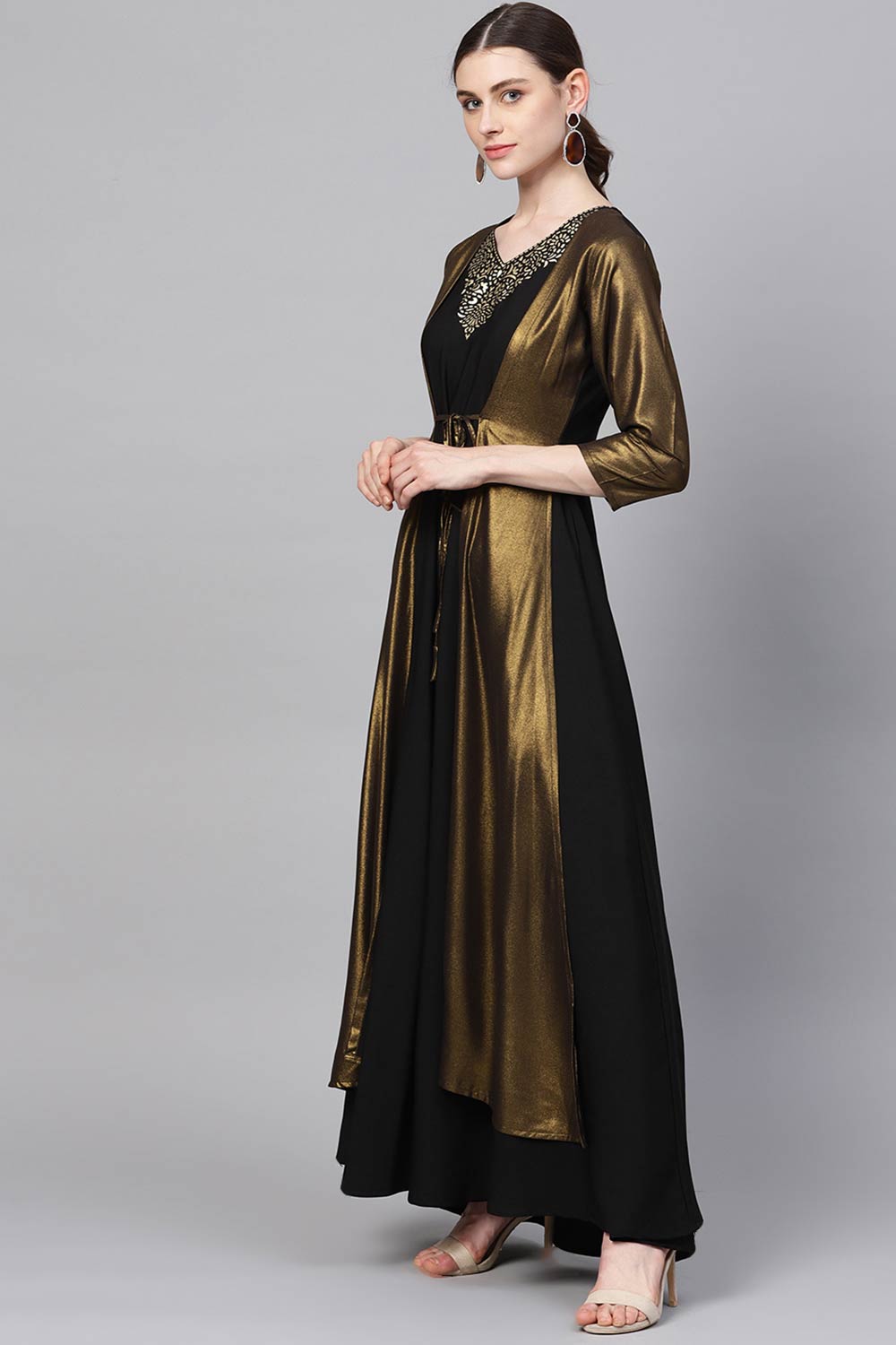 Women Black Crepe Dress With Attached Jacket