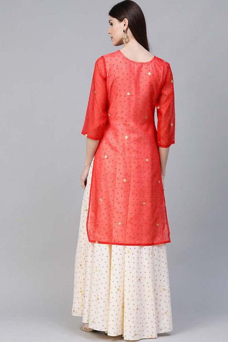 Red Organza Foil Print Kurta With Attached Gown