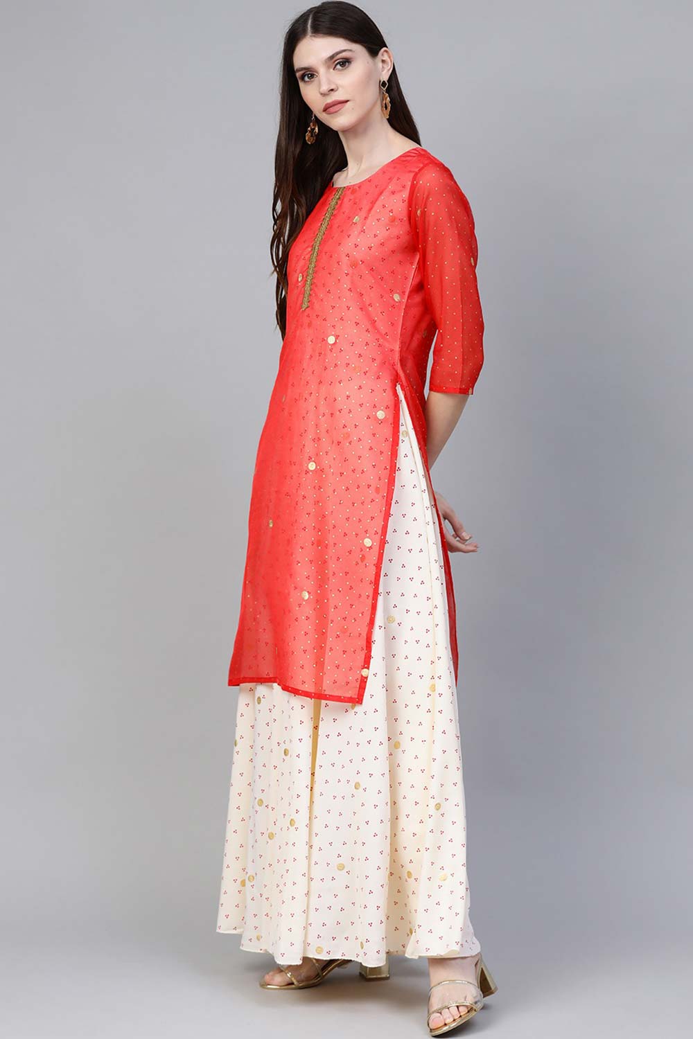 Red Organza Foil Print Kurti With Attached Gown