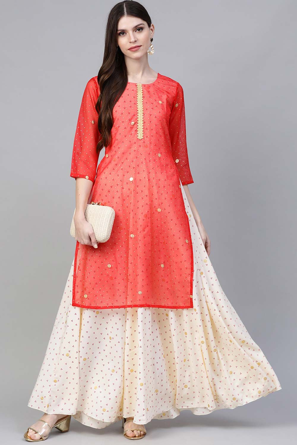 Red Organza Foil Print Kurti With Attached Gown