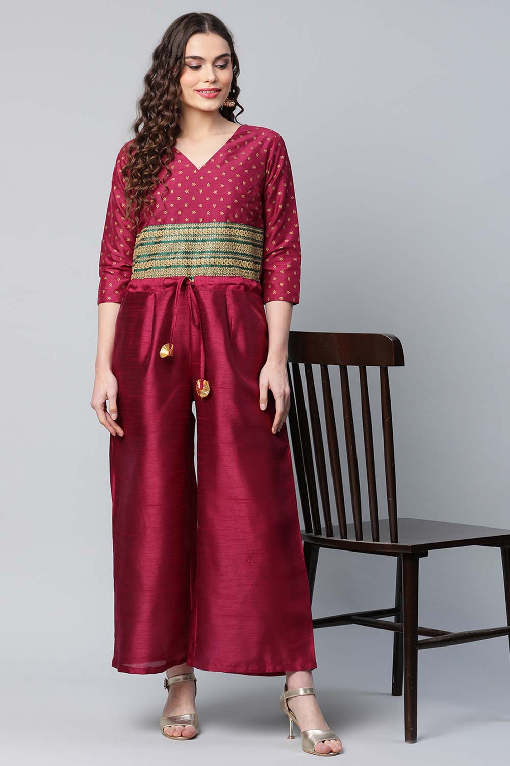 Red Organza Foil Print Kurta With Attached Gown