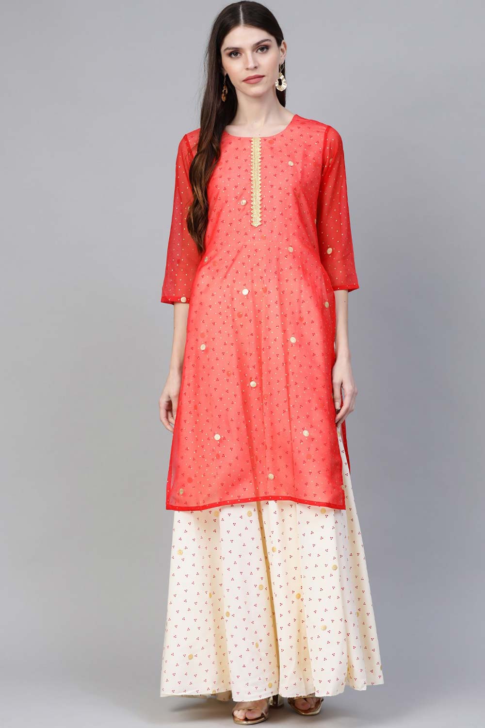 Red Organza Foil Print Kurta With Attached Gown