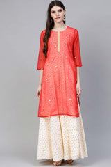 Red Organza Foil Print Kurti With Attached Gown