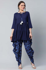 Navy Blue Rayon Floral Empire Kurti With Dhoti Pants