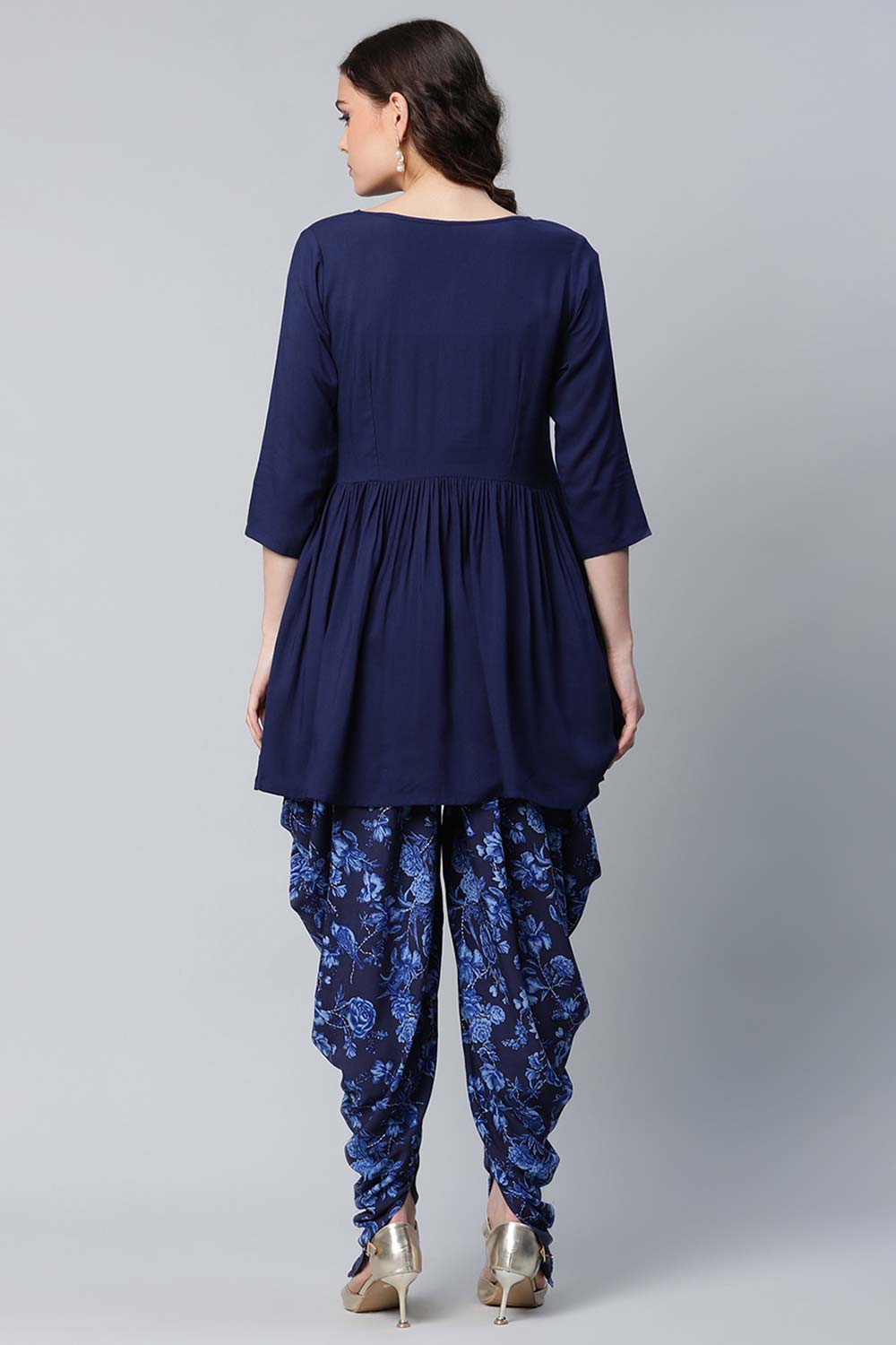 Navy Blue Rayon Floral Empire Kurti With Dhoti Pants