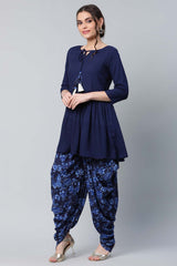 Navy Blue Rayon Floral Empire Kurti With Dhoti Pants