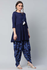 Navy Blue Rayon Floral Empire Kurti With Dhoti Pants