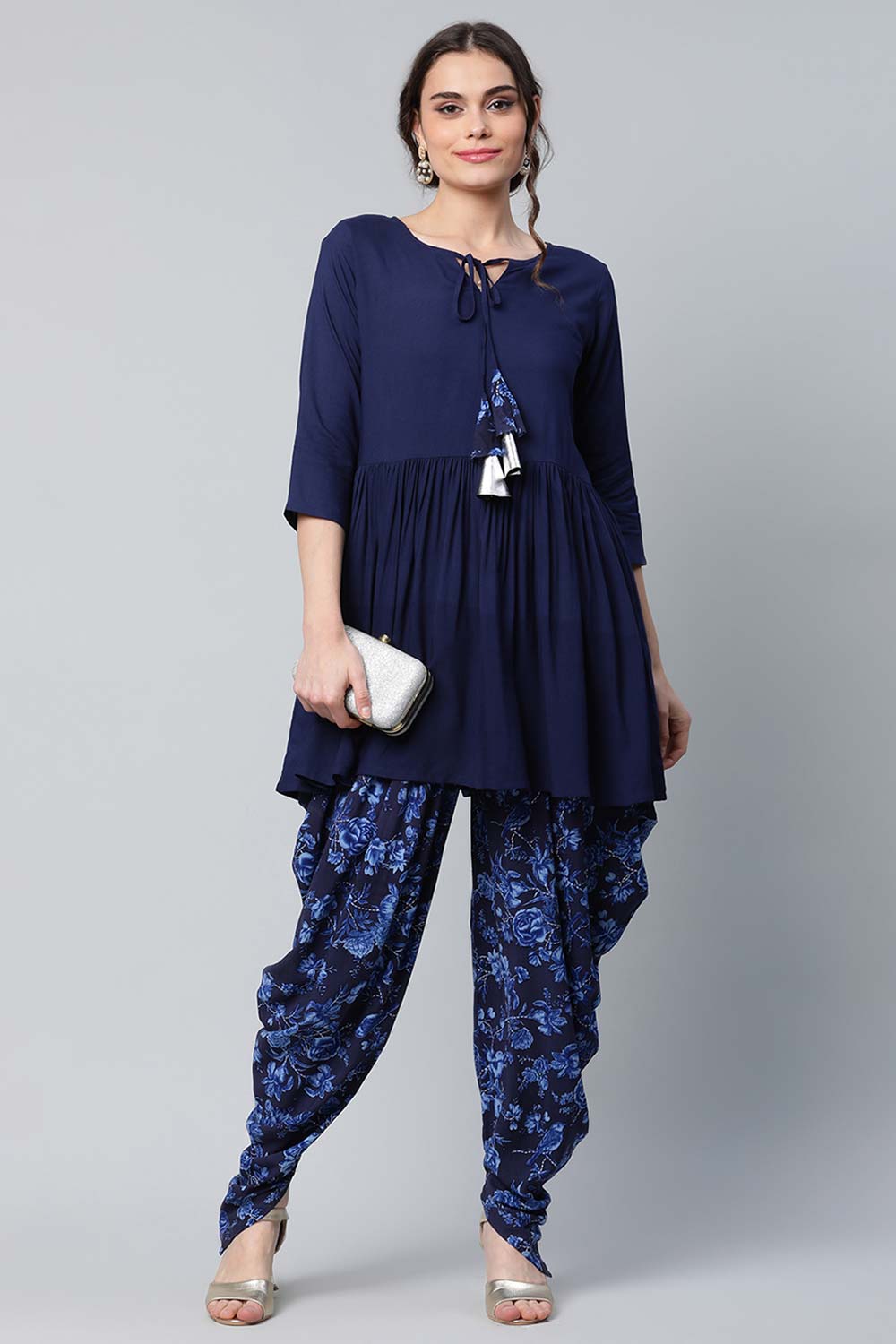 Navy Blue Rayon Floral Empire Kurti With Dhoti Pants