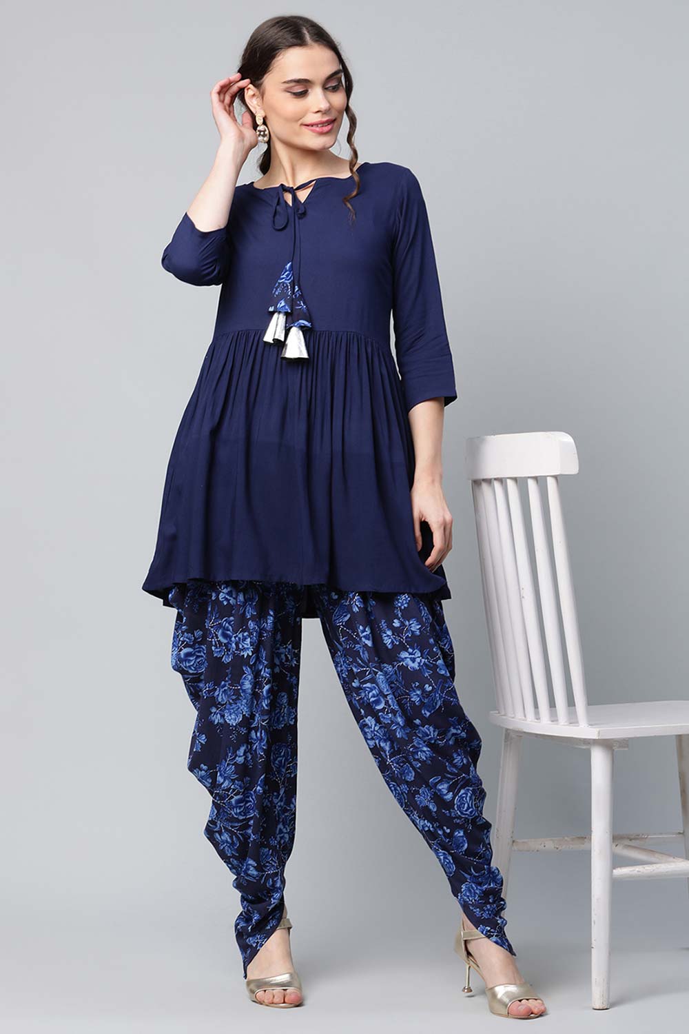 Navy Blue Rayon Floral Empire Kurti With Dhoti Pants