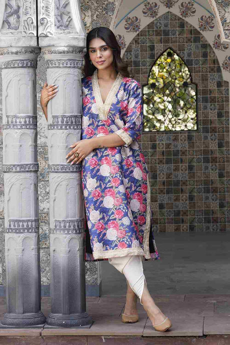 Buy Navy Blue Poly Silk Printed Kurta Dhoti Pants Set Online
