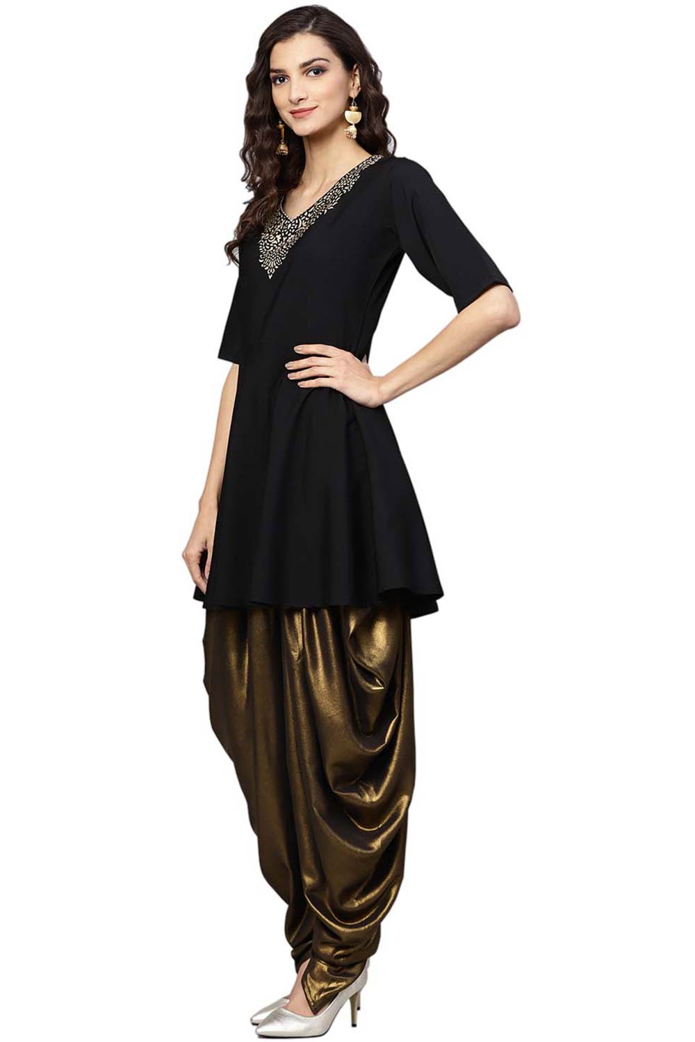 Women Black Crepe A-Line Kurta Dhoti Set