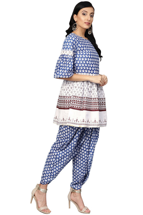 Pure Cotton Printed Kurta with Palazzo in White and Blue
