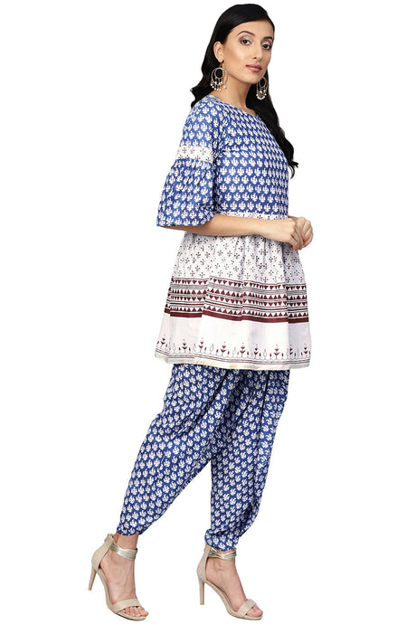 Pure Cotton Printed Kurta With Palazzo In White And Blue