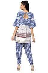 Pure Cotton Printed Kurta With Palazzo In White And Blue